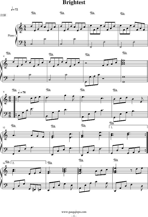 brightest-“神”里的插曲钢琴谱
