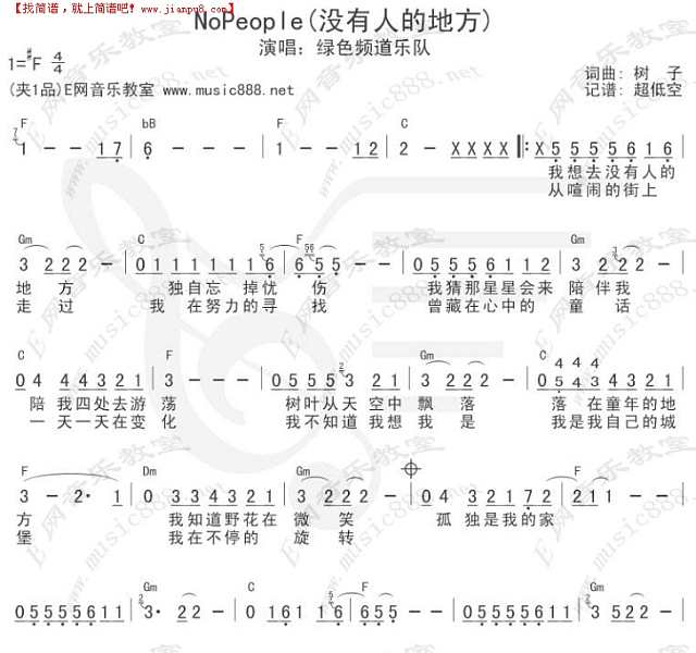Nopeople没有人的地方（简谱+吉他和弦）吉他谱