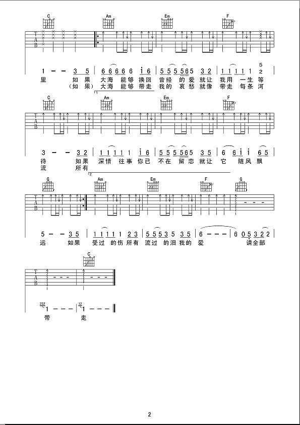 大海C调吉他谱简谱