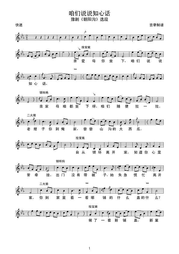 咱们说说知心话（线 谱）简谱