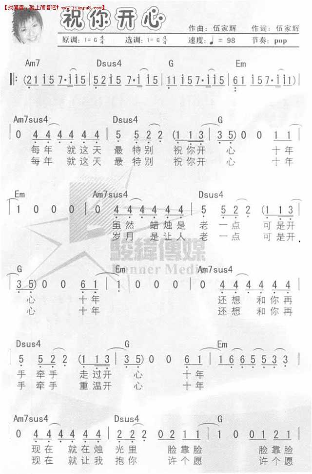 孙燕姿 祝你开心 简谱pic1 www.jianpu8.cn