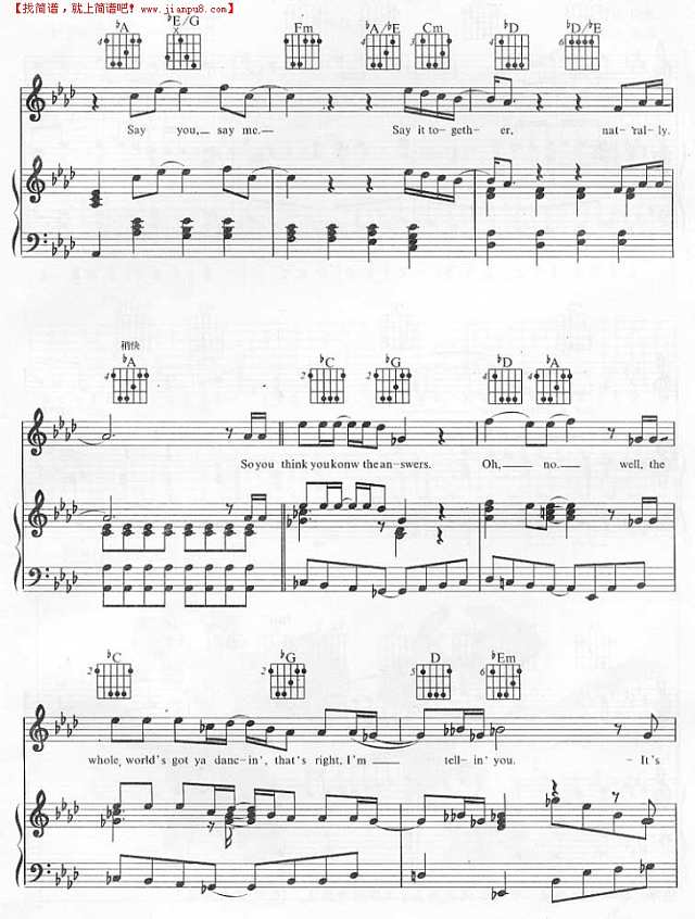 Say You Say Me－Say You Say Me（钢琴谱+吉它和弦）钢琴谱