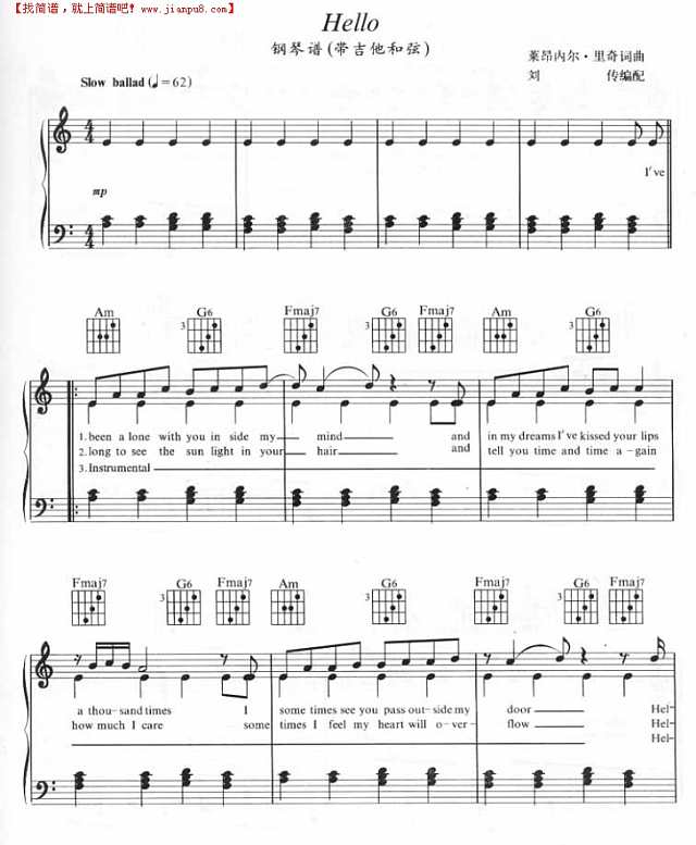 Hello（线谱带吉他和弦）吉他谱