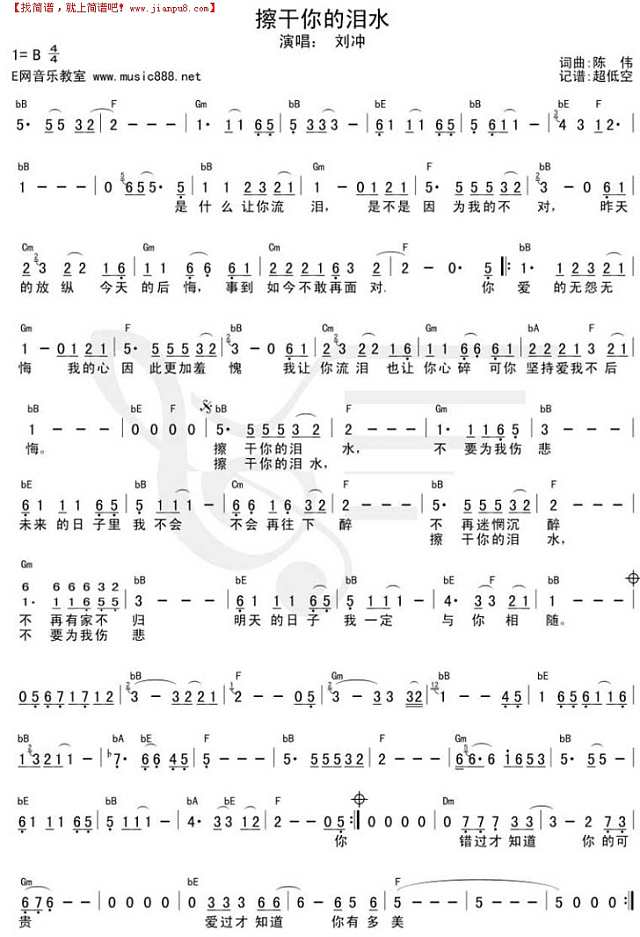 擦干你的泪水(简谱+吉他和弦)[正式版]吉他谱

