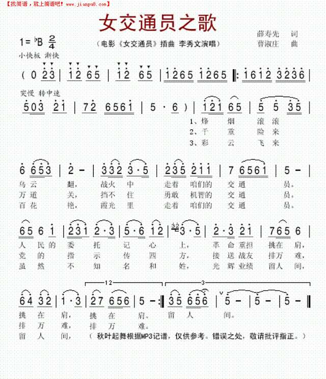 女交通员之歌 电影《女交通员"插曲简谱
