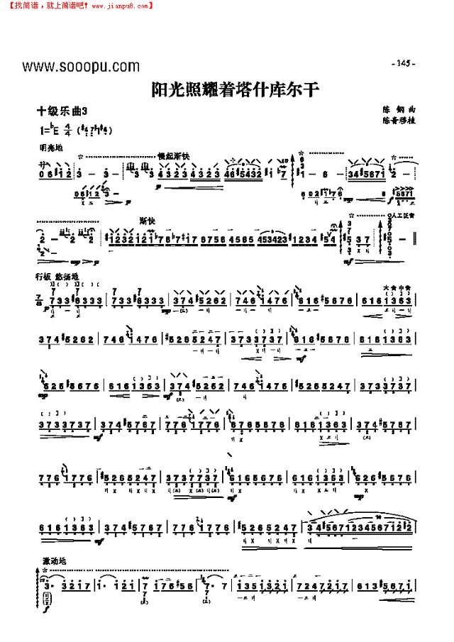 十级乐曲《阳光照耀着塔什库尔干》 民乐类 琵琶其他曲谱