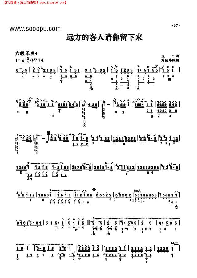 六级乐曲《远方的客人请你留下来》 民乐类 琵琶其他曲谱