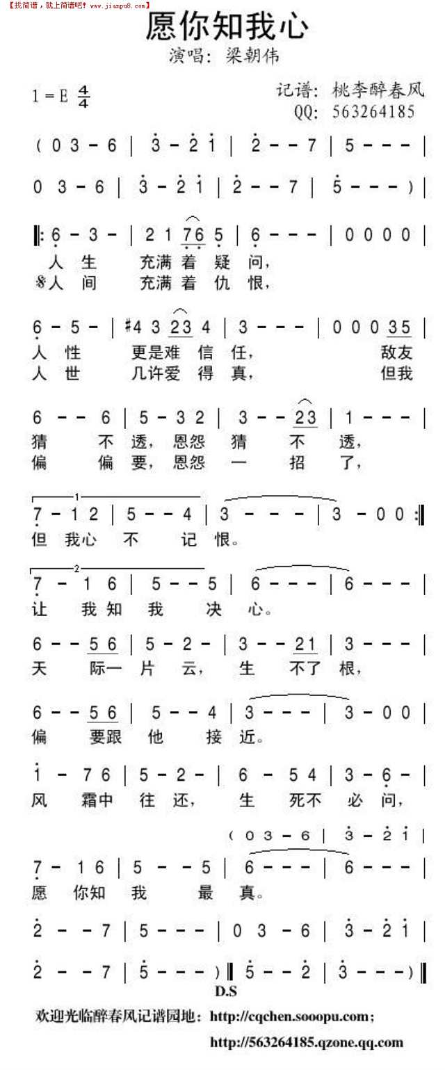 愿你知我心（梁朝伟版绝代双娇主题曲）简谱
