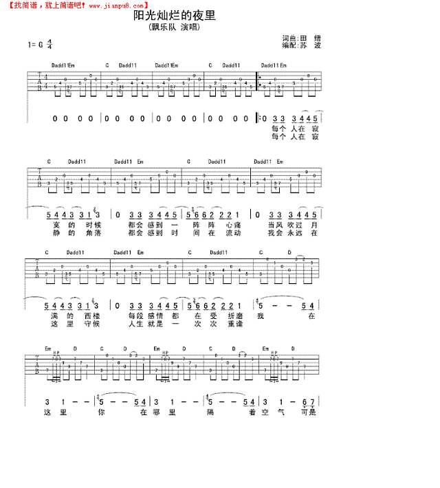 阳光灿烂的夜里吉他谱