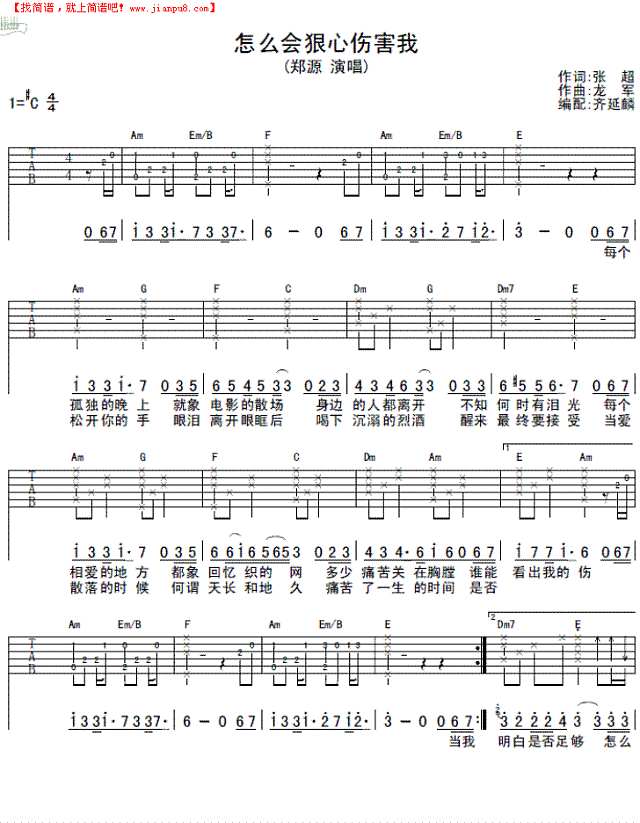 怎么会狠心伤害我吉他谱

