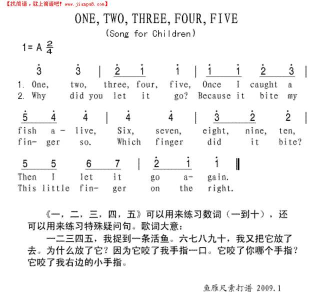 继续上传英文儿歌《ONE,TWO,THREE,FOUR,FIVE》简谱