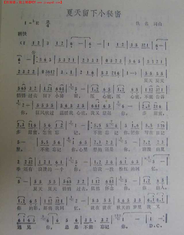 夏天留下小秘密简谱