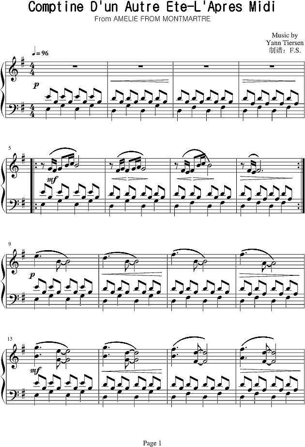 Comptine D`un Autre Ete-L`Apres Midi钢琴谱