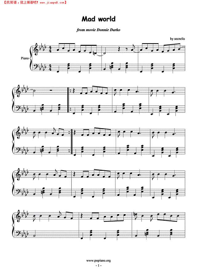 Mad world钢琴谱