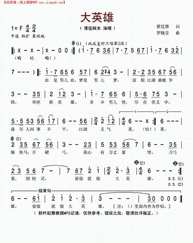 大英雄(倮伍阿木)简谱
