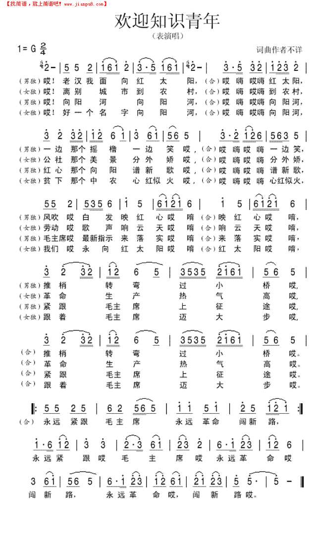 欢迎知识青年简谱
