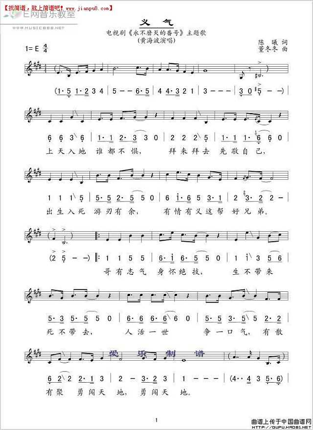 黄海波义气(《永不磨灭的番号》主题歌) 简谱pic1 www.jianpu8.cn