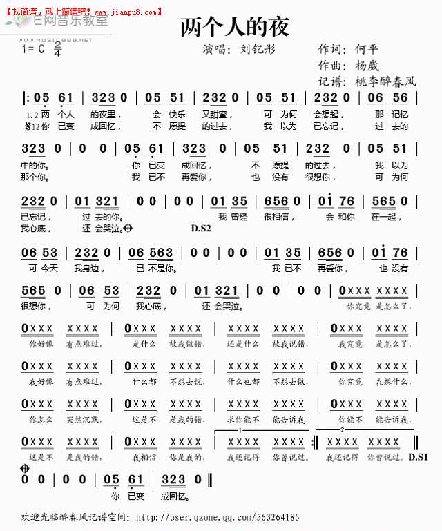 刘钇彤 两个人的夜 简谱pic1 www.jianpu8.cn