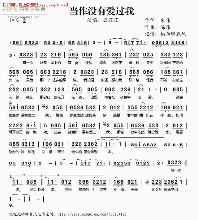 云菲菲 当作没有爱过我 简谱pic1 www.jianpu8.cn