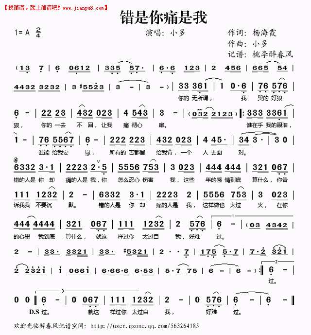 小多 错是你痛是我 简谱pic1 www.jianpu8.cn