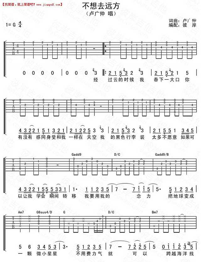 卢广仲 不想去远方 吉他谱pic1 www.jianpu8.cn