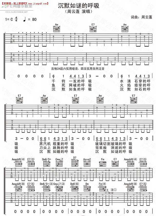 周云蓬 沉默如谜的呼吸 吉他谱pic1 www.jianpu8.cn