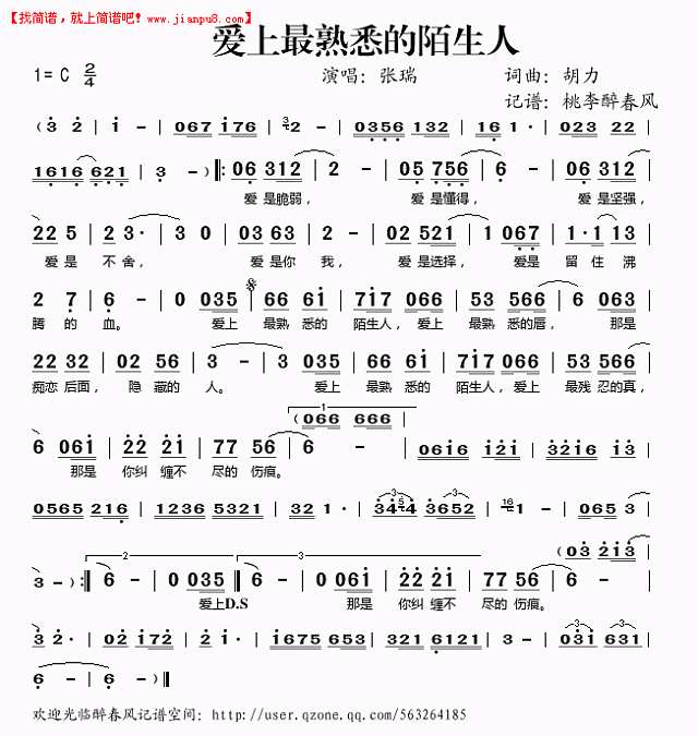 张瑞 爱上最熟悉的陌生人(简谱) pic1 www.jianpu8.cn