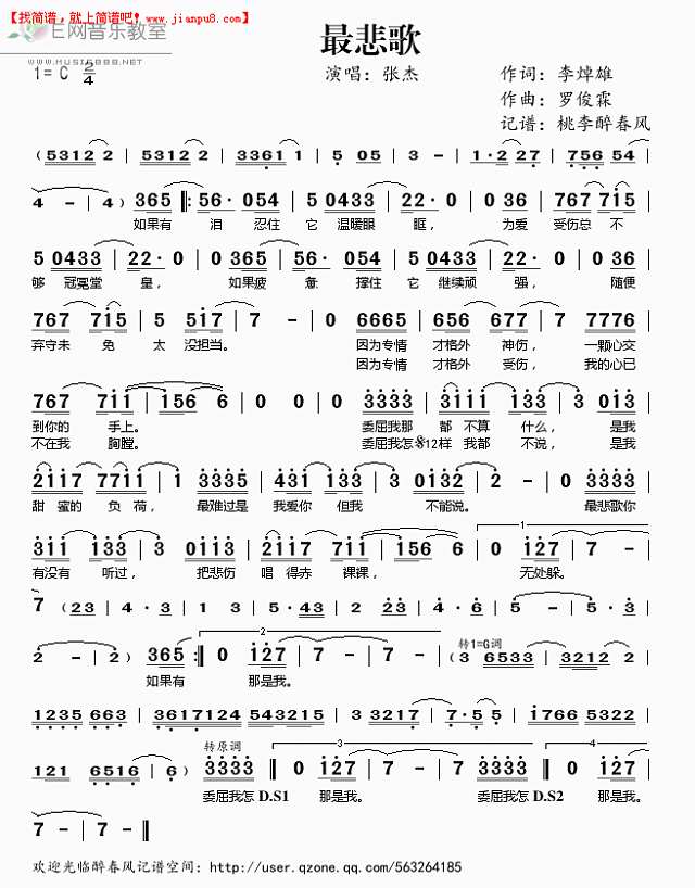 张杰 最悲歌 简谱pic1 www.jianpu8.cn