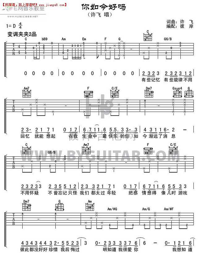 许飞 你如今好吗 吉他谱pic1 www.jianpu8.cn