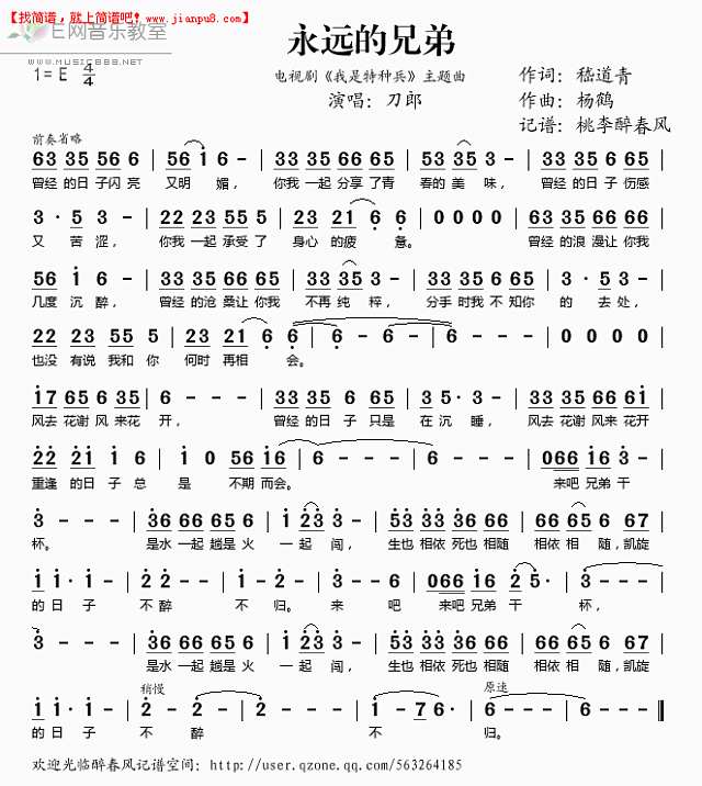 刀郎 永远的兄弟《我是特种兵》片尾曲 简谱pic1 www.jianpu8.cn