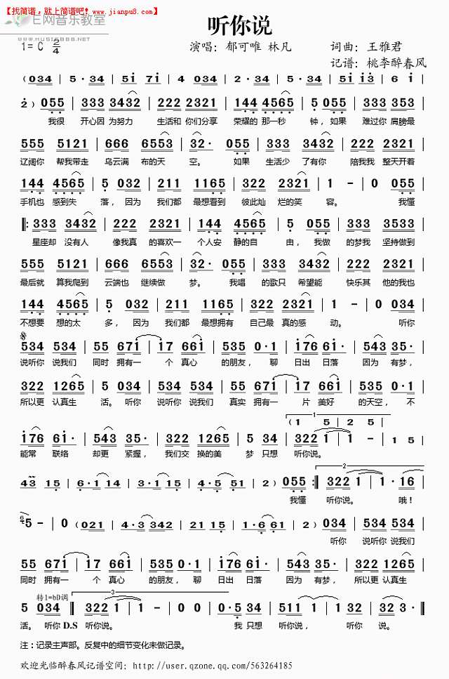 郁可唯 林凡 听你说 简谱pic1 www.jianpu8.cn
