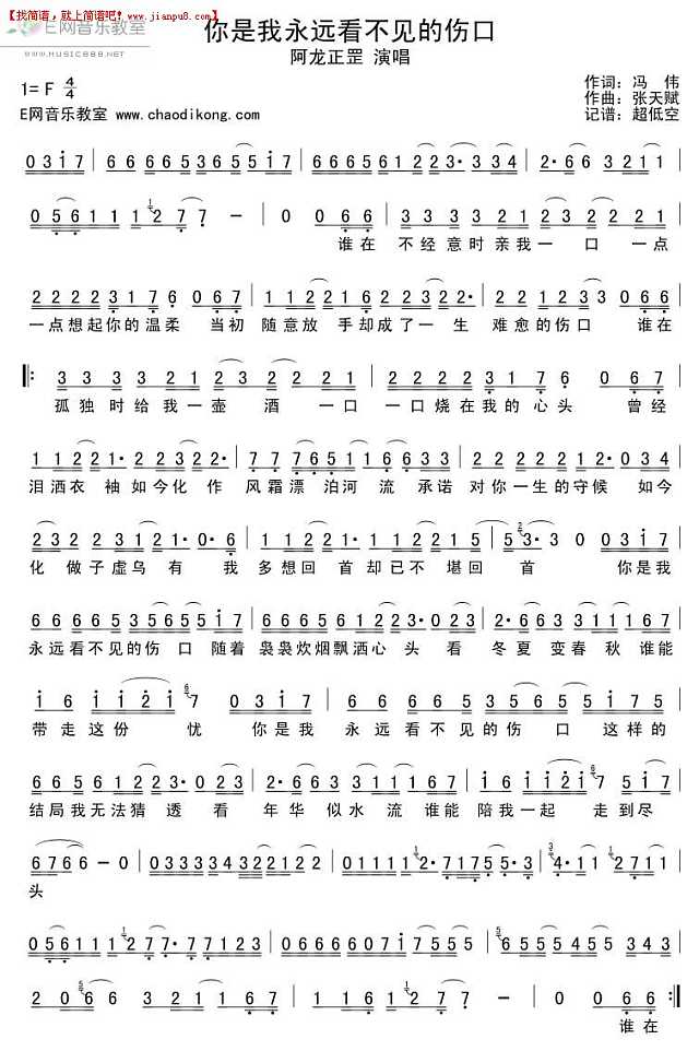 阿龙正罡 你是我永远看不见的伤口 简谱pic1 www.jianpu8.cn