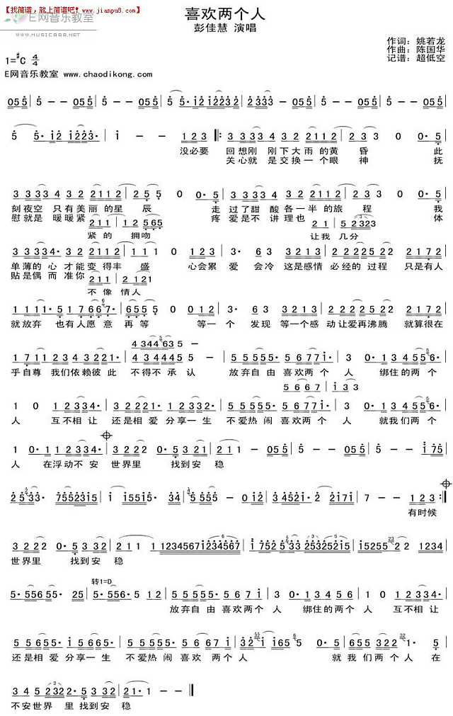 彭佳慧 喜欢两个人 简谱pic1 www.jianpu8.cn