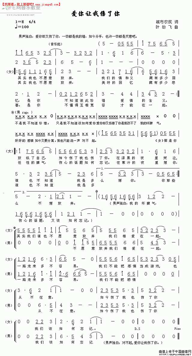 男女声对唱 爱你让我伤了你 简谱pic1 www.jianpu8.cn