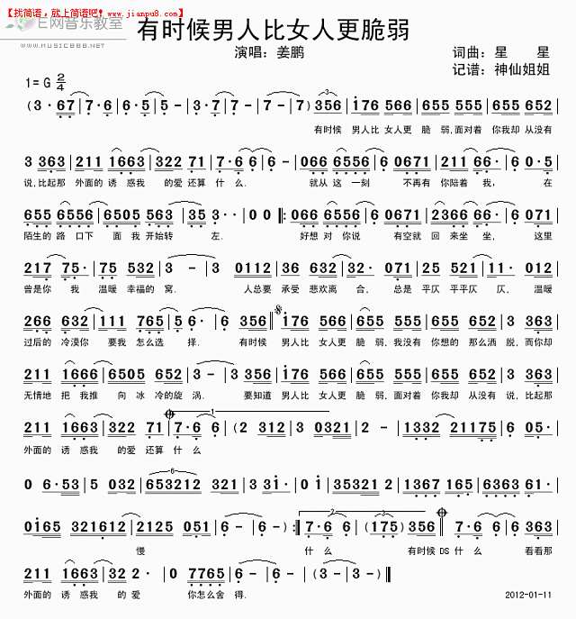 姜鹏 有时候男人比女人更脆弱 简谱pic1 www.jianpu8.cn