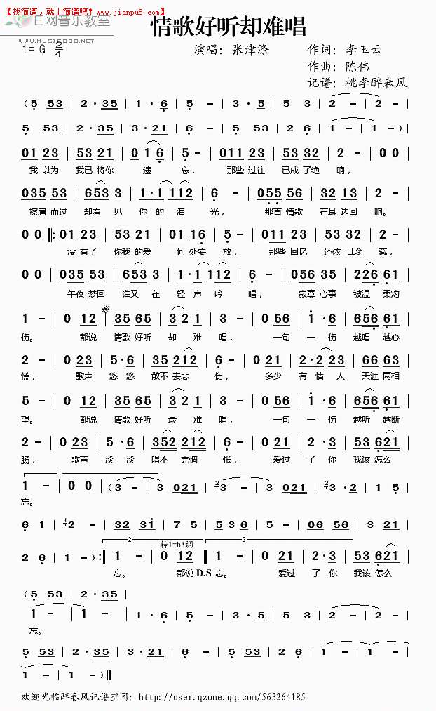 张津涤 情歌好听却难唱 简谱pic1 www.jianpu8.cn