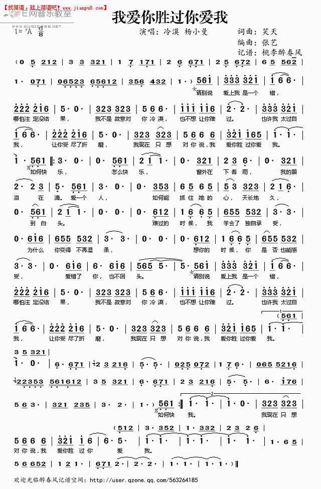 冷漠 杨小曼 我爱你胜过你爱我 简谱pic1 www.jianpu8.cn