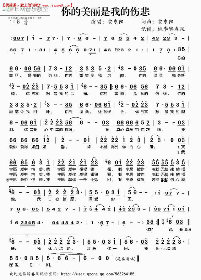 安东阳 你的美丽是我的伤悲 简谱pic1 www.jianpu8.cn