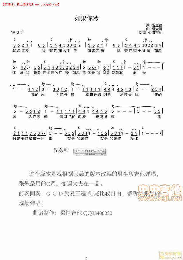 张悬 如果你冷 吉他谱pic1 www.jianpu8.cn