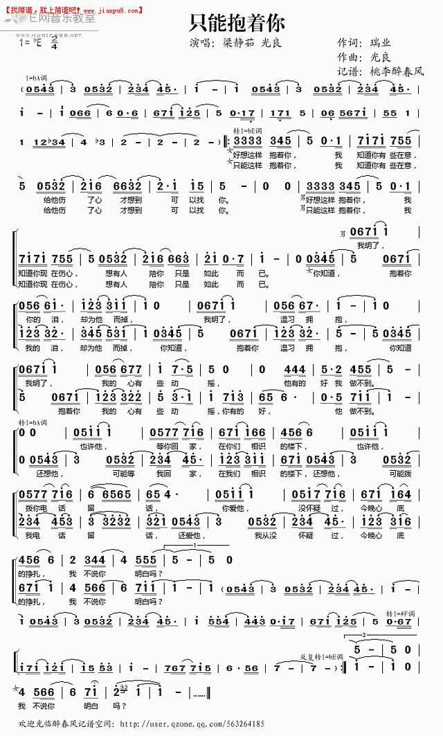 梁静茹 光良 只能抱着你 简谱pic1 www.jianpu8.cn
