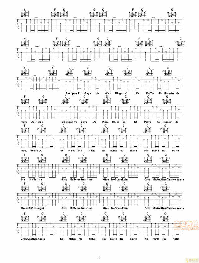 三个傻瓜 Give me some sunshine 吉他谱pic2 www.jianpu8.cn