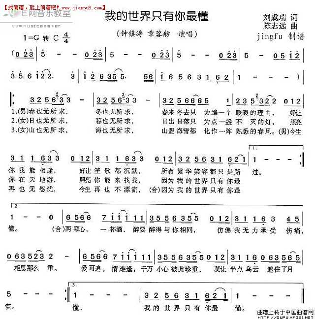 钟镇涛 章蓉舫 我的世界只有你最懂 简谱pic1 www.jianpu8.cn