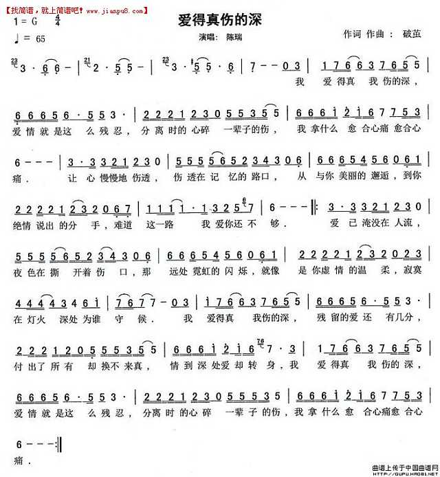 陈瑞 爱得真伤的深 简谱pic1 www.jianpu8.cn