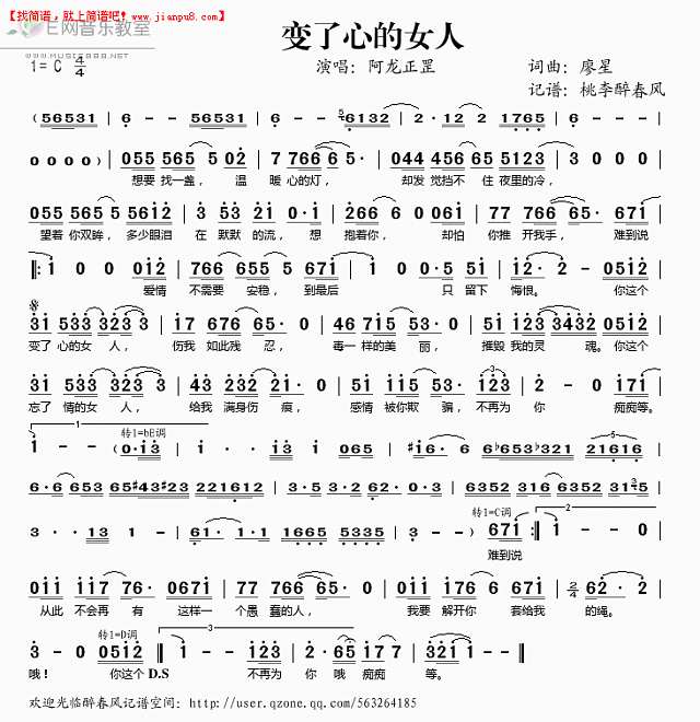 阿龙正罡 变了心的女人 简谱pic1 www.jianpu8.cn