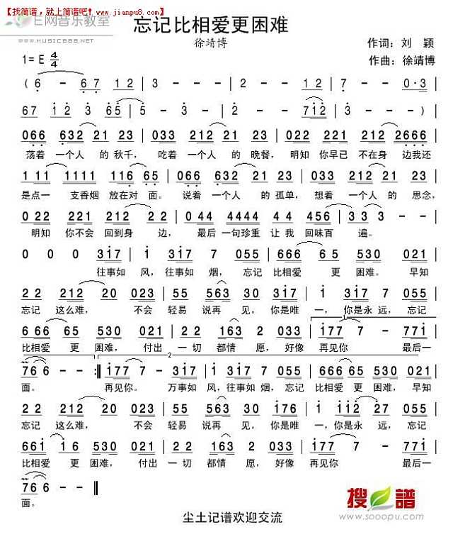 徐靖博 忘记比相爱更困难 简谱pic1 www.jianpu8.cn