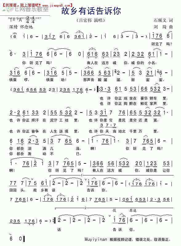 吕宏伟 故乡有话告诉你 简谱pic1 www.jianpu8.cn