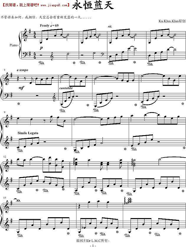 Ku.Klux.Klan 永恒蓝天 钢琴谱pic1 www.jianpu8.cn