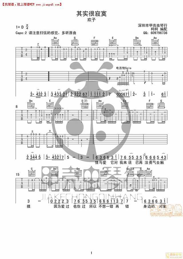 欢子 其实很寂寞 吉他谱pic1 www.jianpu8.cn