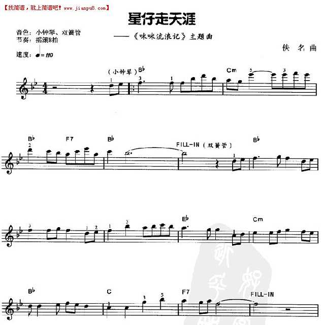 星仔走天涯 《咪咪流浪记》主题曲 电子琴谱pic1 www.jianpu8.cn