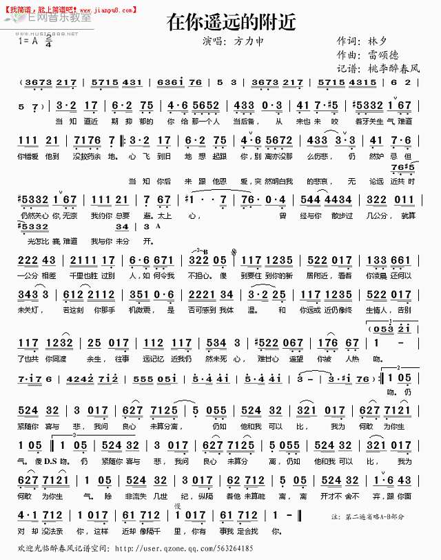 方力申 在你遥远的附近 简谱pic1 www.jianpu8.cn